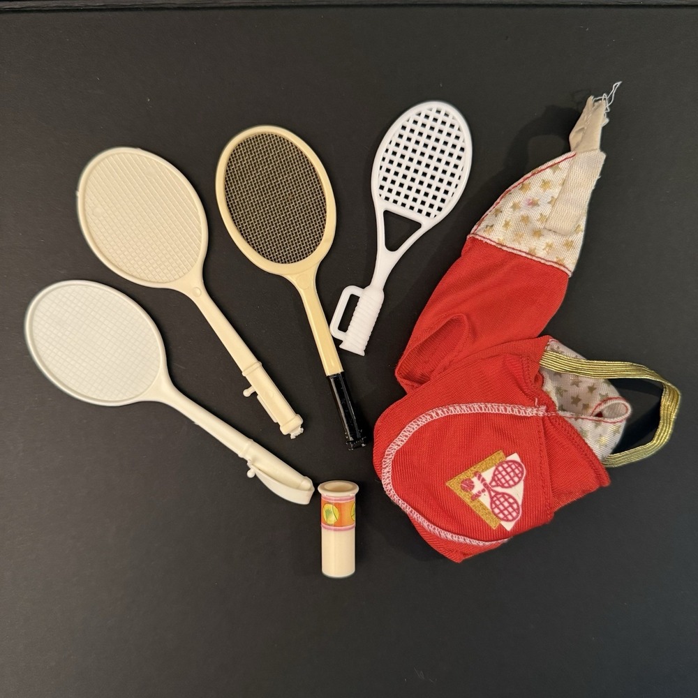 Vintage Barbie Doll Tennis Accessory Lot Rackets Outfit Bag Ball Can 7pc Mattel